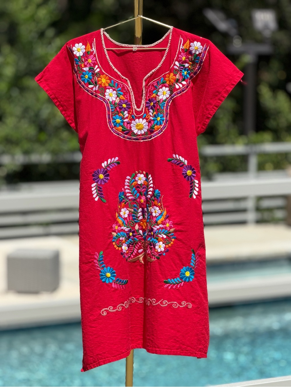 Hand-Embroidered Red Mexican Tunic Dress